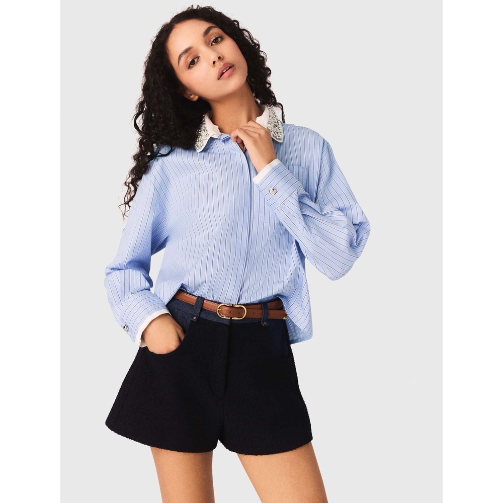 NWT Maje Removable Jewel Collar Stripe Button Shirt Embellished Quiet Luxury L